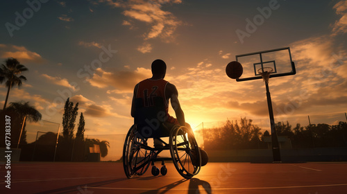 Wheelchair Basketball Player. Determination, Training, Inspiration of a Person with Disability. Wide Shot with Warm Colors on sunset photo