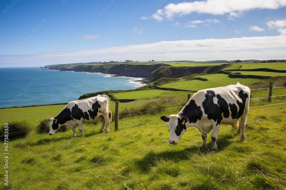 Cows are grazing on a lawn on a cliff by the sea Cows are grazing on a lawn on a cliff by the sea
