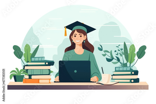 Flat illustration of a woman working with a laptop