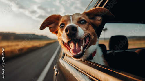 happy dog with head out of the car window having fun 