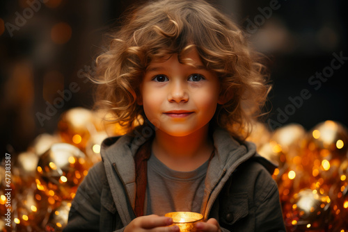 Festive Wonder: Adorable Kid Surrounded by Christmas Magic