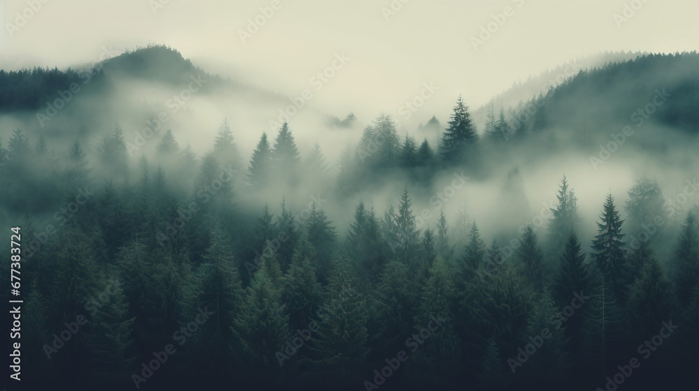 Foggy forest with pine trees and mountains in the background
