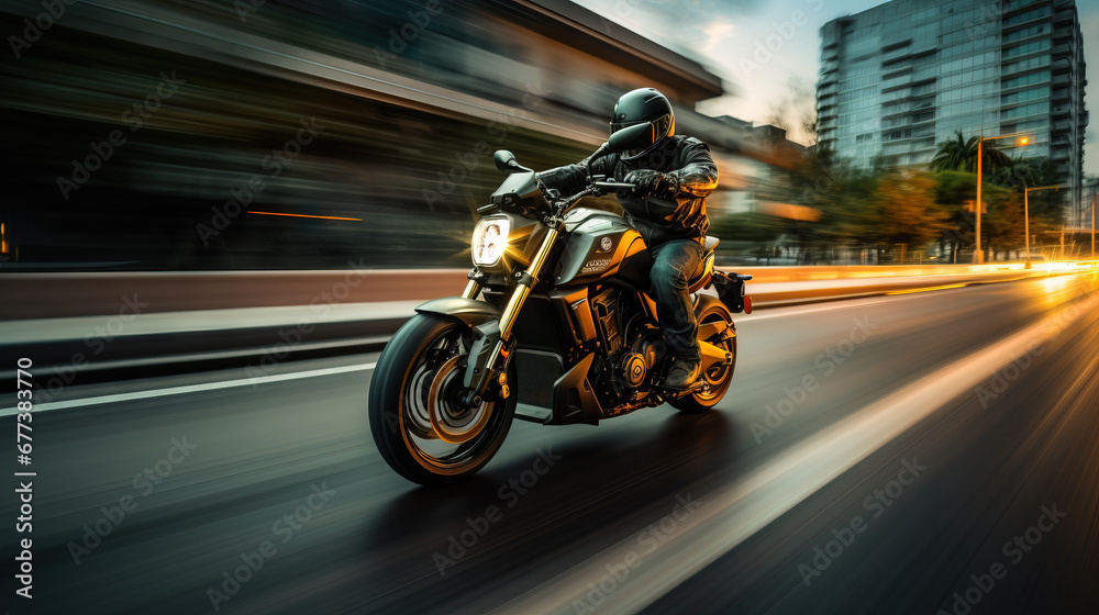 Fototapeta premium Sports motorcycle biker rider on blurred city street. A motorcyclist races at speed on a motorcycle. Background with selective focus and copy space