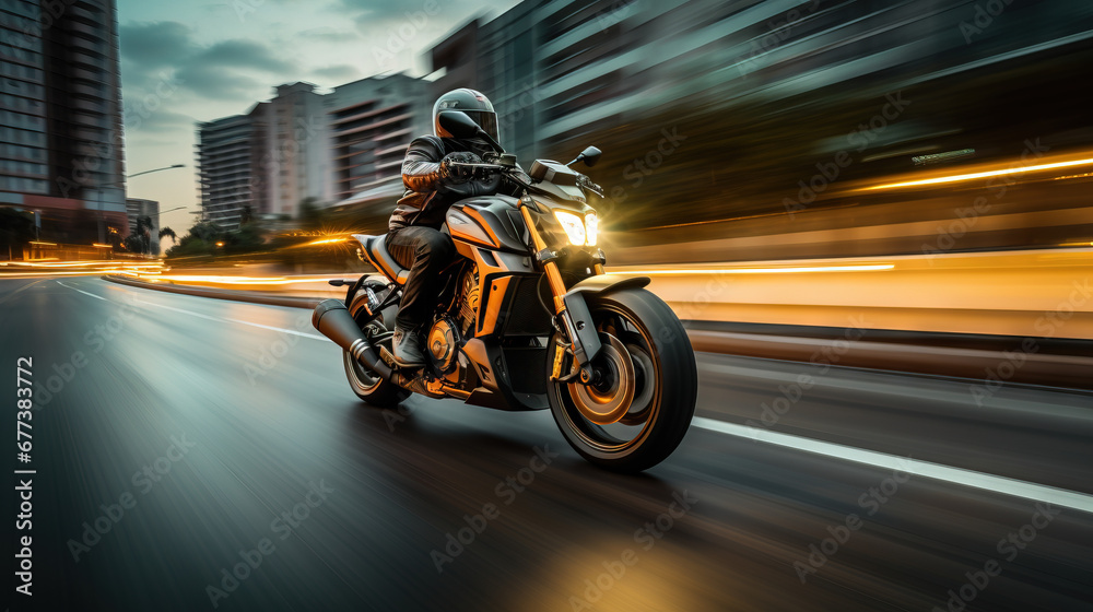 Sports motorcycle biker rider on blurred city street. A motorcyclist races at speed on a motorcycle. Background with selective focus and copy space