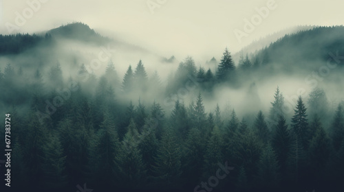 Foggy forest with pine trees and mountains in the background 