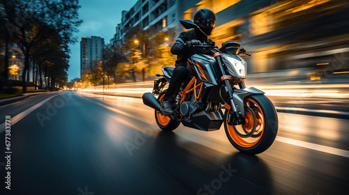 Sports motorcycle biker rider on blurred city street. A motorcyclist races at speed on a motorcycle. Background with selective focus and copy space © Francescozano
