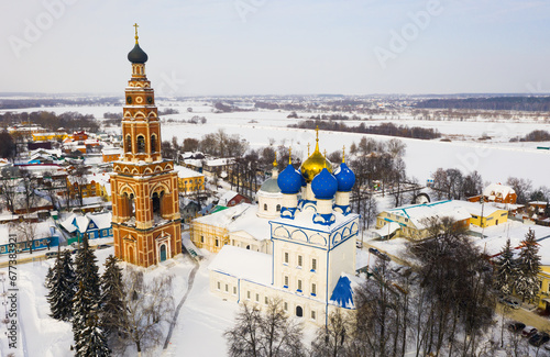 Cathedral complex of Bronnitsy in Moscow region, Russia. View of The Bell Tower and church of the Archangel Michael in winter time