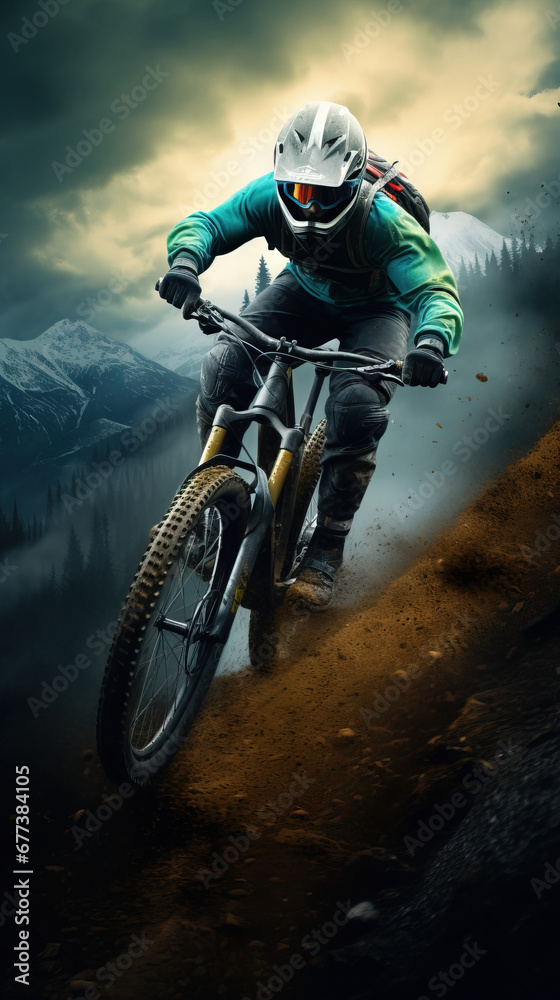 a mountain biker riding down the mountain, smokey background, AI GENERATIVE