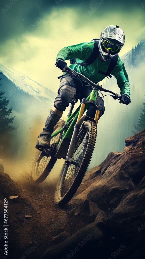 a mountain biker riding down the mountain, smokey background, AI GENERATIVE