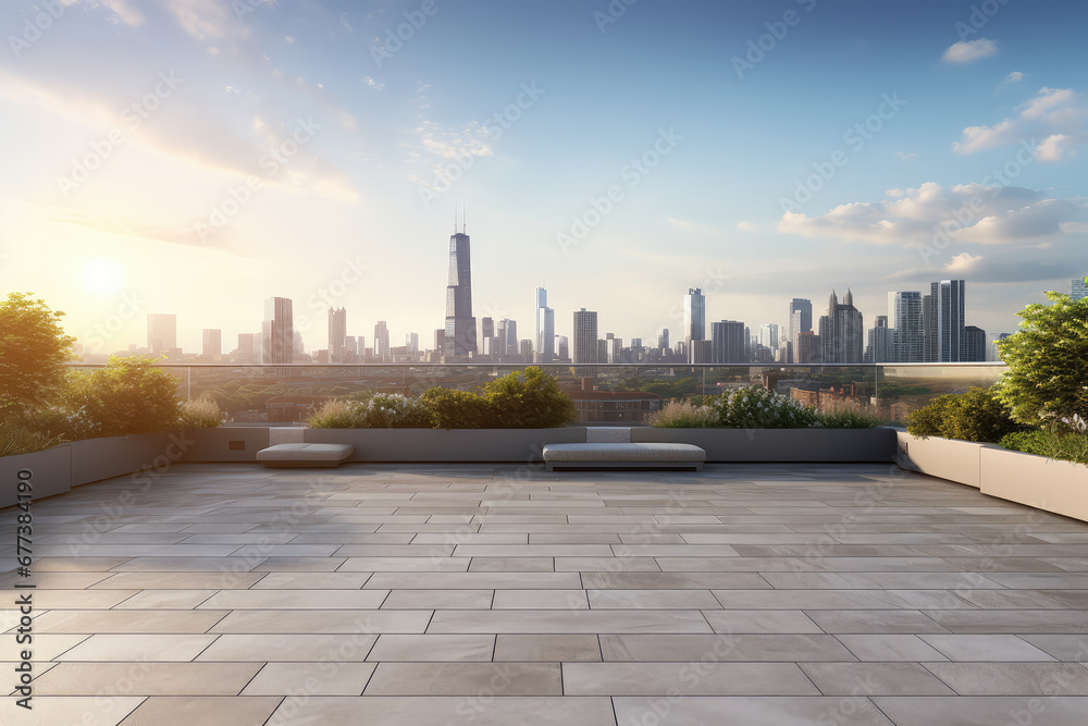 Empty outdoor seating platform and distant city sunset scenery