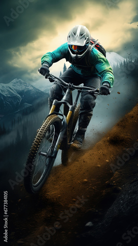 a mountain biker riding down the mountain, smokey background, AI GENERATIVE © Francescozano