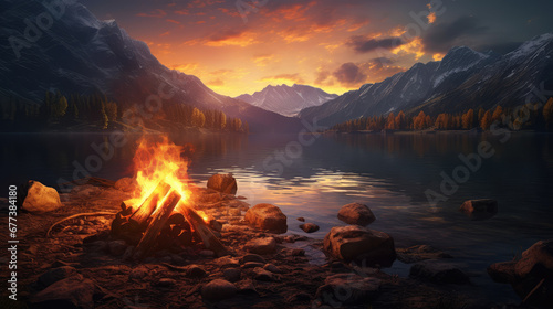 Outdoor scenery, distant mountain peaks and nearby bonfire by the lake