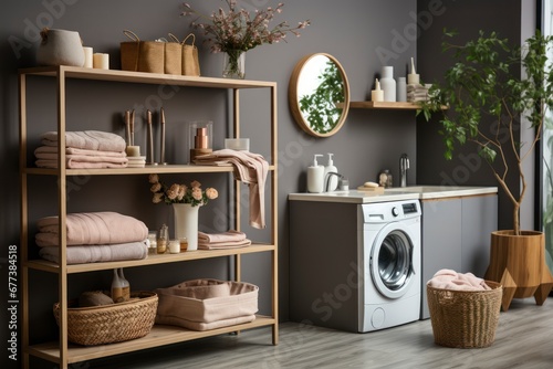 Open shelving with towels and a washing machine in the utility room. © Hunman