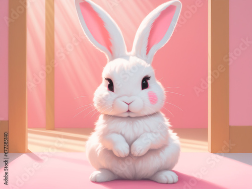 Cute white rabbit on a pink background.