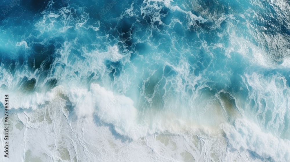 Scenic overhead view of crashing waves in the deep blue ocean, accentuated by the frothy, white foam, capturing the dynamic beauty of the sea in motion. - obrazy, fototapety, plakaty 