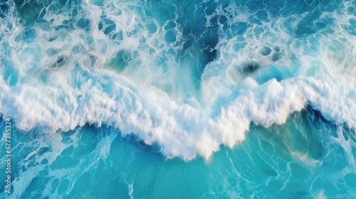 Scenic overhead view of crashing waves in the deep blue ocean  accentuated by the frothy  white foam  capturing the dynamic beauty of the sea in motion.