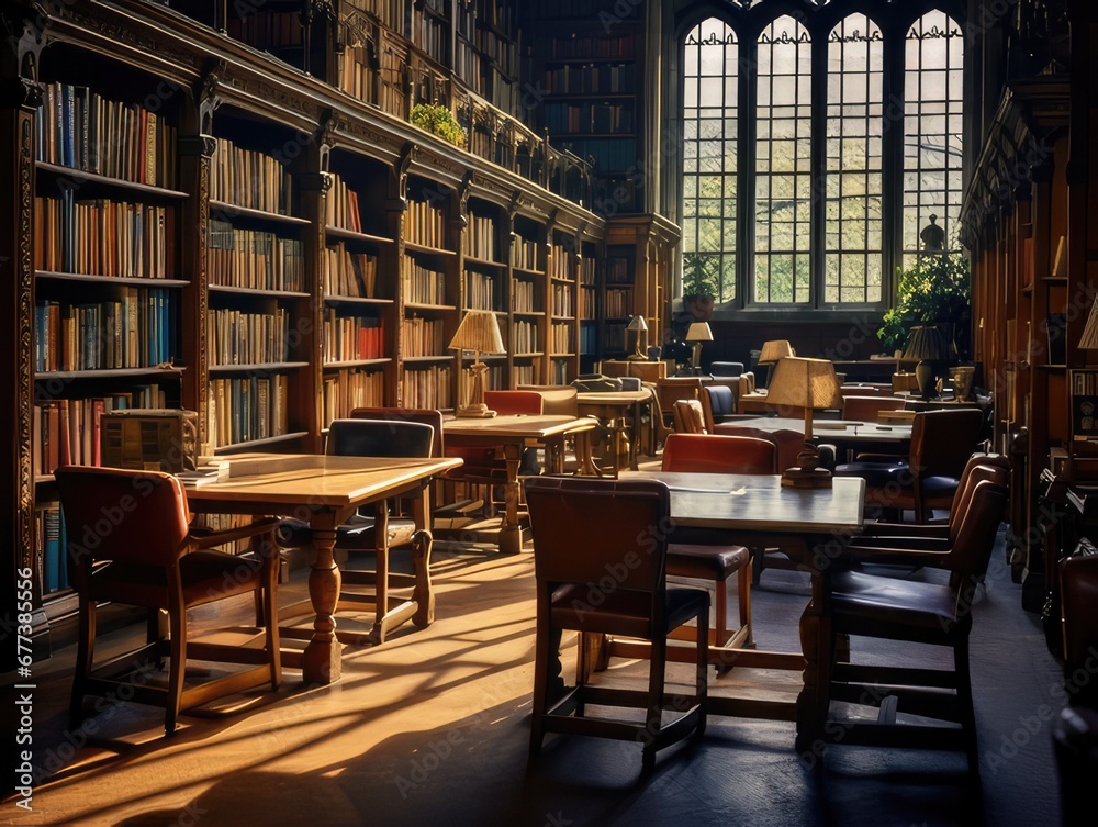 A college library reading room with vacant study desks and shelves of books.