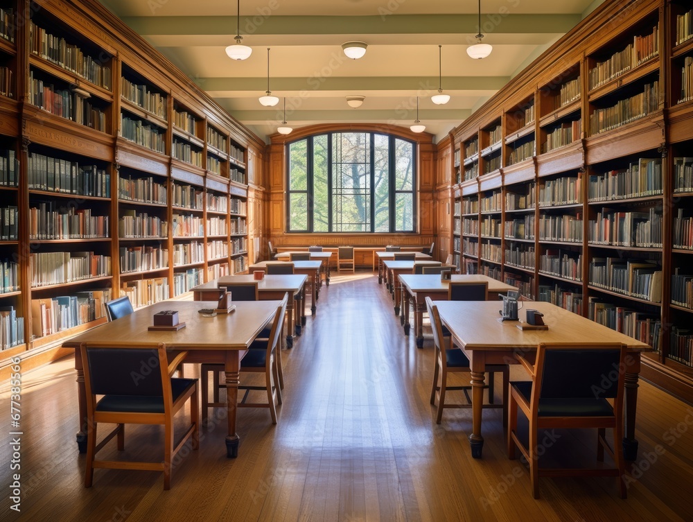 A college library reading room with vacant study desks and shelves of books.