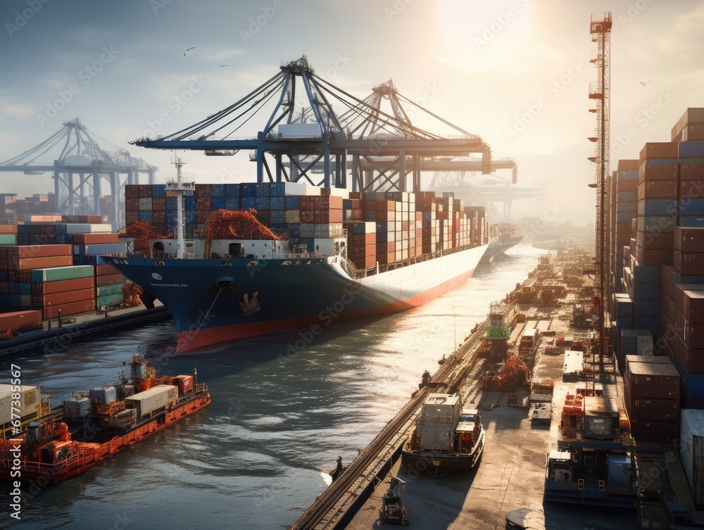 Naklejka premium A container ship at a busy port, illustrating global trade and commerce.