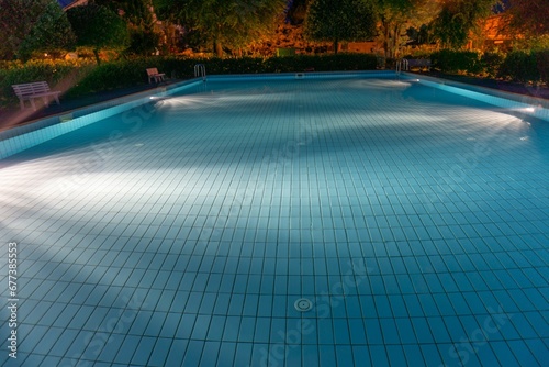Closeup shot of a swimming pool in the park at dark night © Wirestock