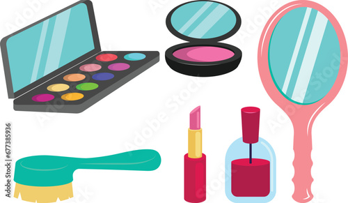 Colors Cosmetic Palette, Lipstick, Nail Polish, Blush Container, Mirror and Brush Makeup Icon Set in Cartoon Style