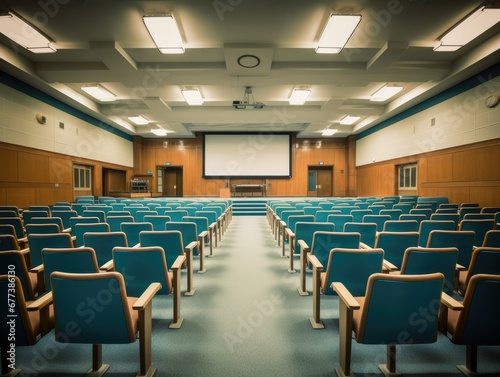 Empty college lecture hall with a podium and rows of empty seats.