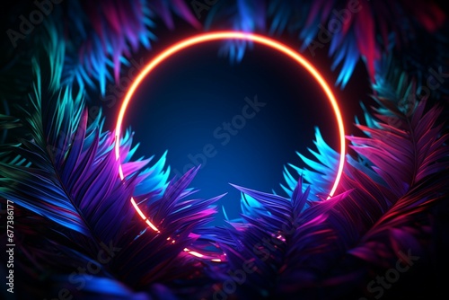 Glowing Neon Border Embracing Abstract Palm Leaves