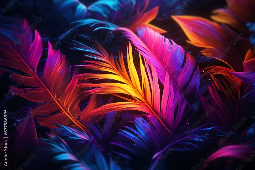 Glowing Neon Border Embracing Abstract Palm Leaves