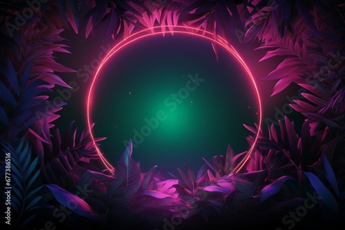 Glowing Neon Border Embracing Abstract Palm Leaves