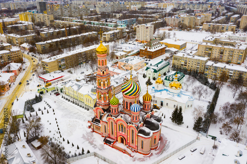 Aerial view of Ascension monastery and residential areas in Tambov winter, Russia.