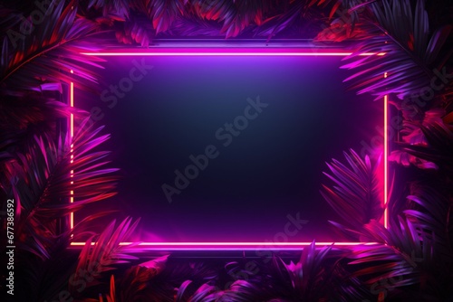 Glowing Neon Border Embracing Abstract Palm Leaves