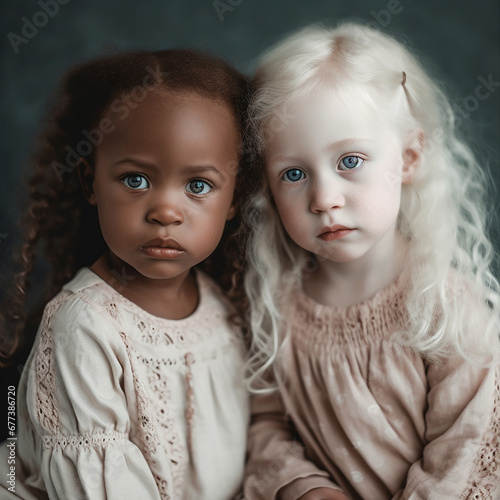 Albino, two African girls, one dark-skinned, the other an albino with white skin and blond hair, close-up portrait