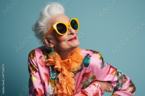 Fashionable senior woman in sunglasses and bright clothes. Studio shot.