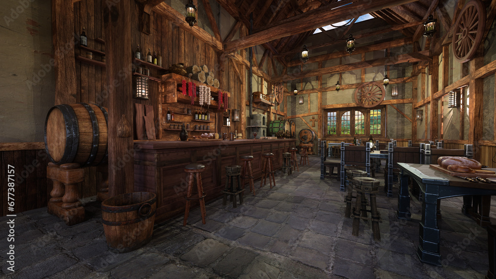 Old medieval tavern with barstools by the bar and food on tables. 3D rendering.