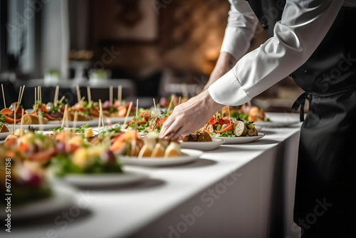 Man hands of a waiter prepare food for a buffet table in a restaurant - Buffet day concept 