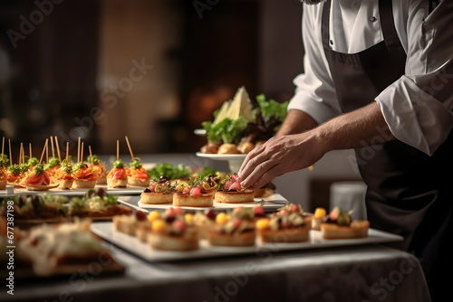 Man hands of a waiter prepare food for a buffet table in a restaurant - Buffet day concept 