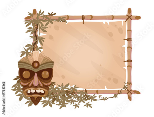 Tiki totem bamboo frame. Cartoon hawaiian or african aboriginal totem mask on sign board, wooden frame with tribal statue flat vector illustration