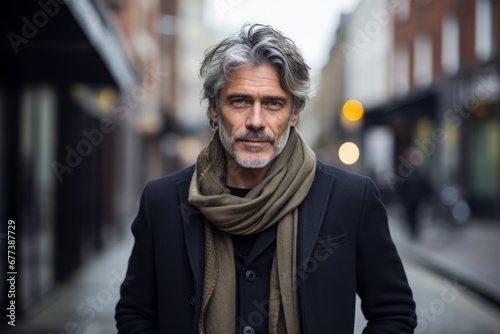 Handsome middle aged man with gray hair and beard wearing a coat and scarf in a city street