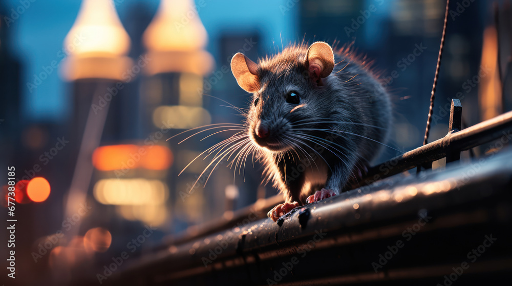City rat on the prowl, ever vigilant in the concrete jungle - obrazy, fototapety, plakaty 
