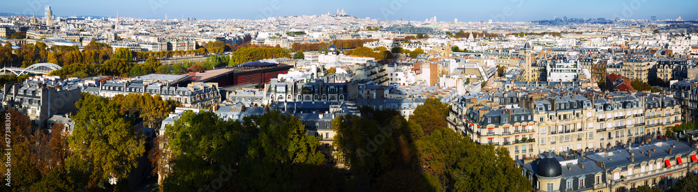 Beautiful panoramic view of Paris from drone at sunny day