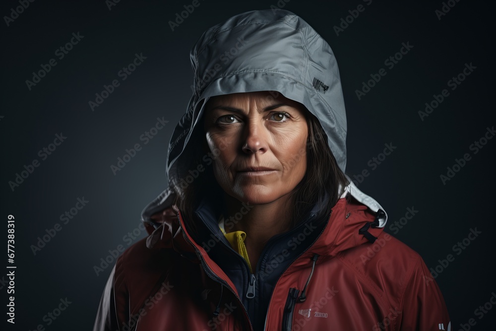 Portrait of mature woman wearing a hooded jacket over dark background. Portrait of mature woman wearing a hooded jacket over dark background.