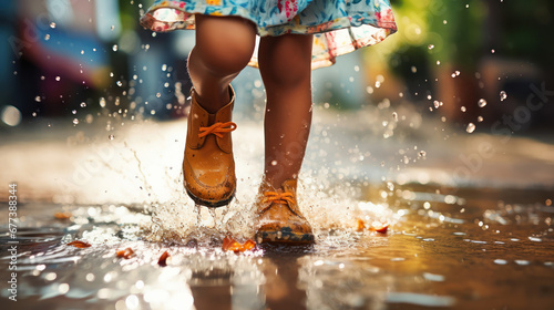 Joyful little feet meet puddles in a dance of innocence and delight photo