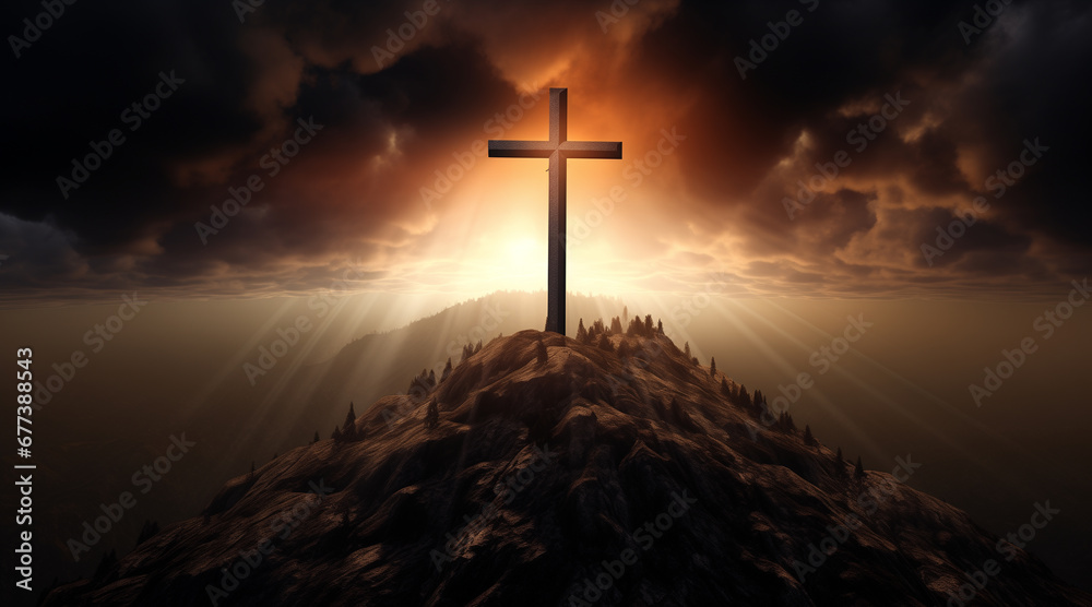 Naklejka premium Holy cross symbolizing the death and resurrection of Jesus Christ with the sky over Golgotha Hill is shrouded in light and clouds