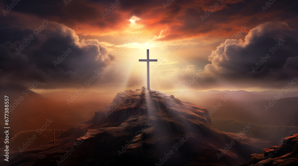 Obraz premium Holy cross symbolizing the death and resurrection of Jesus Christ with the sky over Golgotha Hill is shrouded in light and clouds