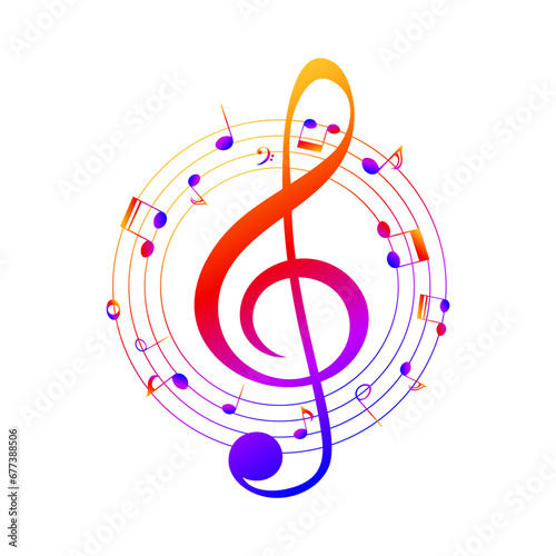 Colorful music notes, circle with treble clef, musical vector illustration.