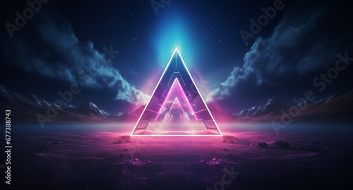 Surreal Neon Triangle Portal Illuminating a Mystical Mountainous Landscape at Night
