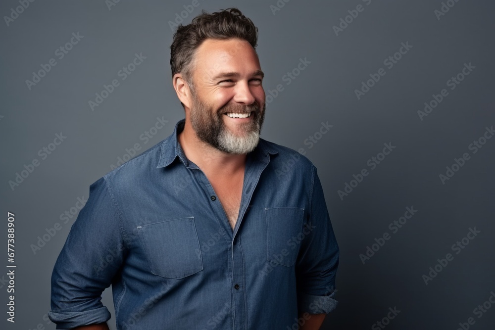 Handsome mature man smiling and looking at the camera while standing against grey background Handsome mature man smiling and looking at the camera while standing against grey background