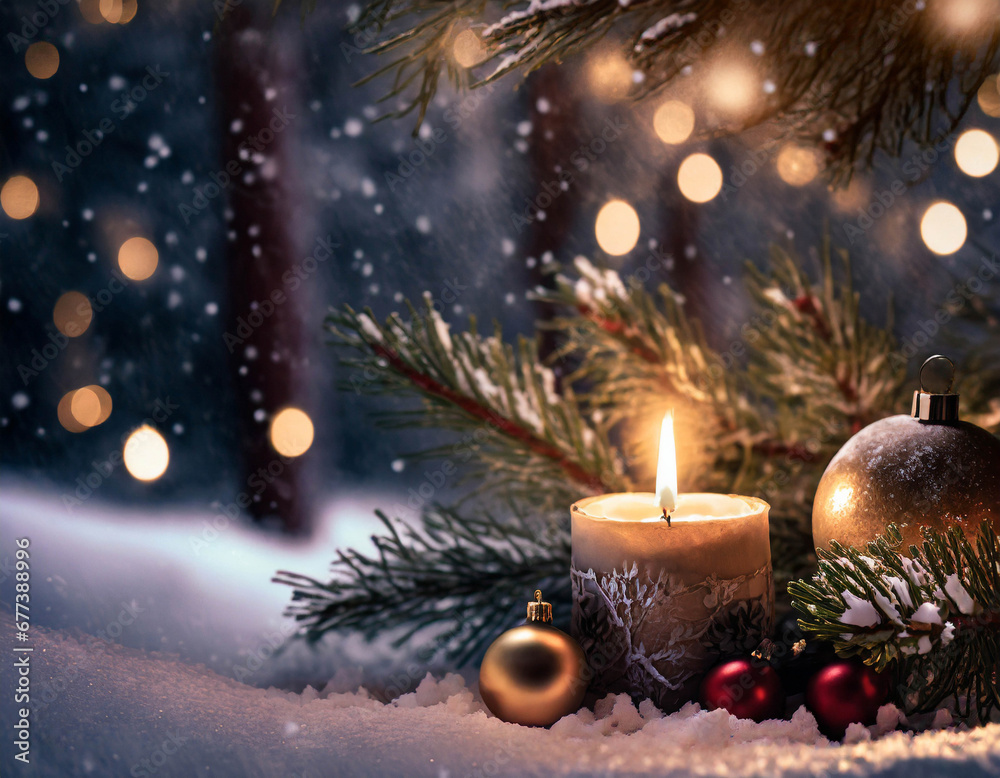 Christmas candle on snow with fir branches, night scene. Christmas card concept.
