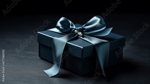 Small Luxury gift box with a blue bow on dark blue table. Side view monochrome. Surprise for father day. The concept of holiday surprise for New Year or Christmas. New Year concept. Decor concept.