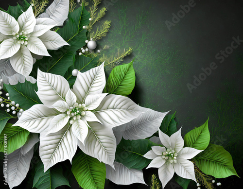 Christmas background with white poinsettia star flowers, top view with copy space